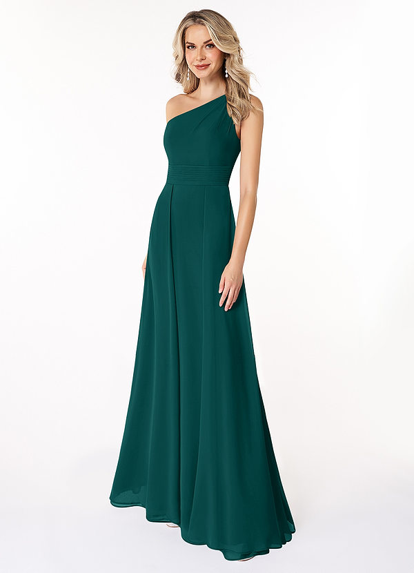 Azazie Dallas Abiti da Damigella Abito A-Line in Chiffon Monospalla Verde Pavone image1