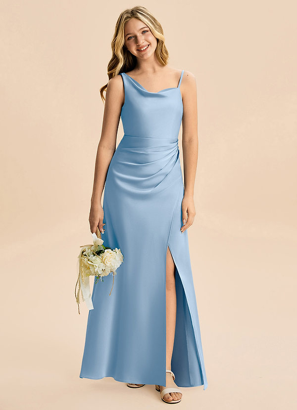 Azazie Abby Junior Powder Blue A-Line Pleated Stretch Satin Dress image1