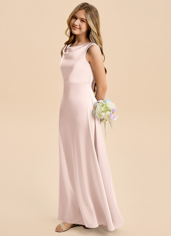 Azazie Kiki Junior Blushing Pink A-Line Bow Stretch Satin Dress image1