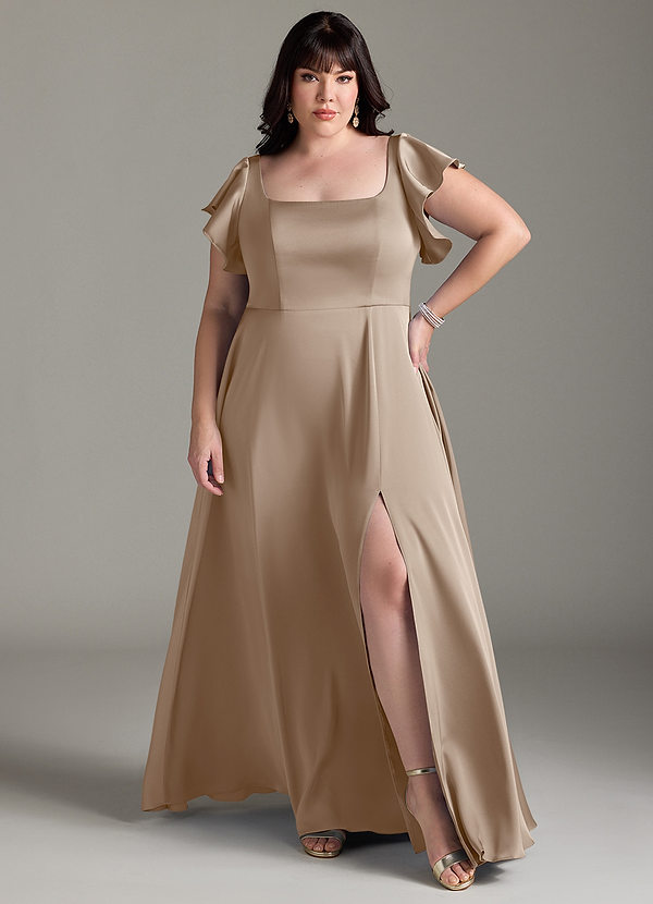 Azazie Bondi Bridesmaid Dresses Taupe A-Line Bow Stretch Satin Dress image1