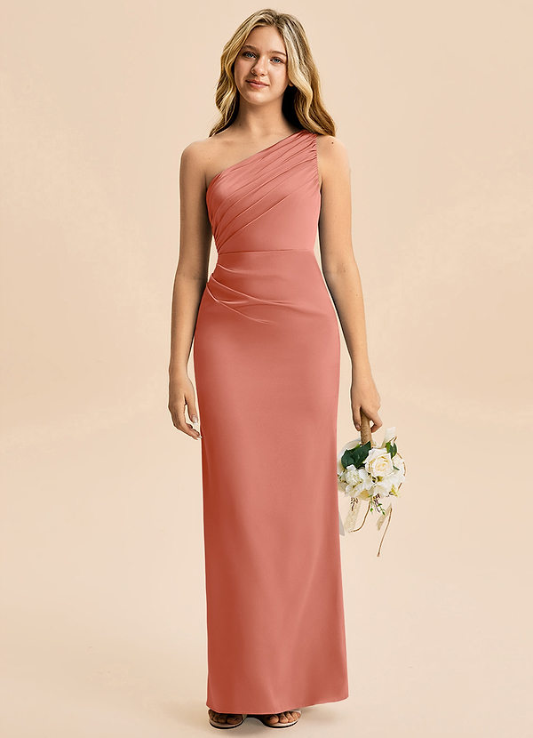 Azazie Akilah Junior Salmon Pink Sheath Pleated Stretch Satin Dress image1