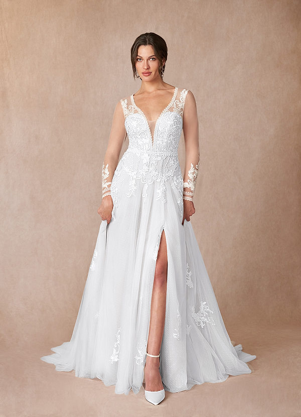Azazie Ariya Wedding Dresses Diamond White A-Line Lace Tulle Dress image1