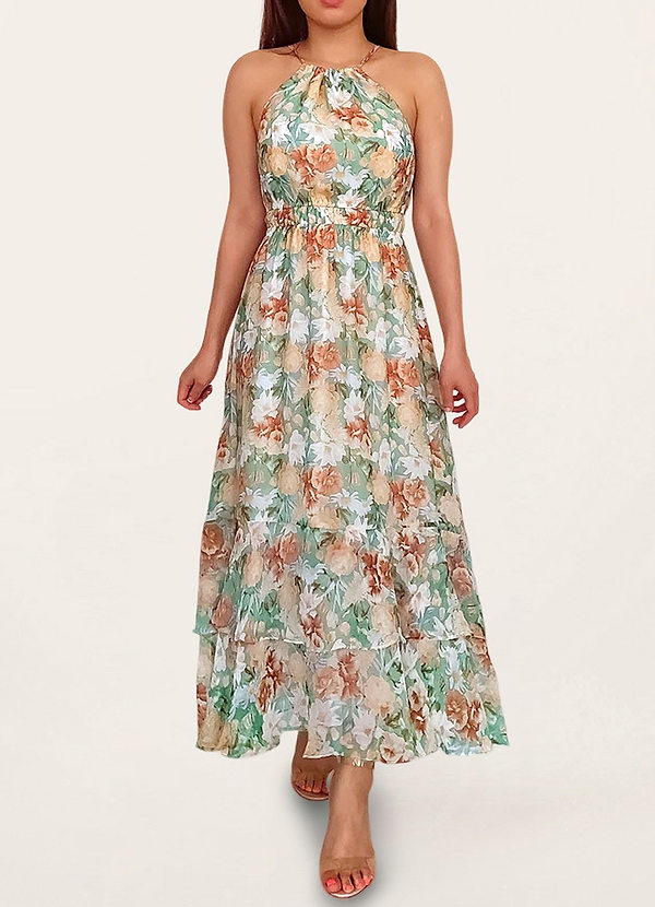Vestido sencillo de chiffon estilo halter con abertura Verde Oscuro Tallas Grandes
