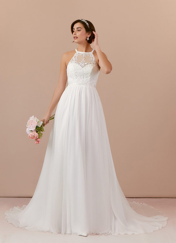 Azazie Annalise Wedding Dresses Diamond White Champagne A-Line Lace Crinkle Chiffon Dress image1