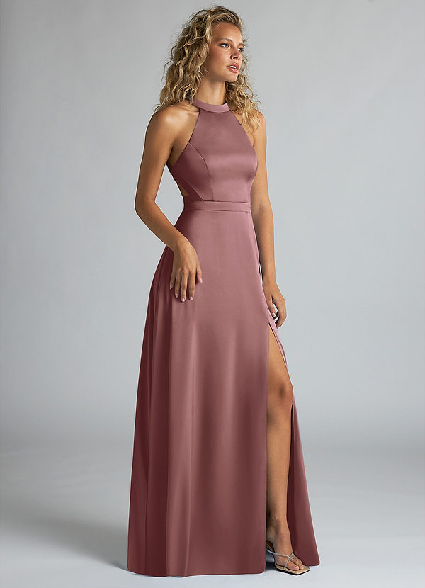 Azazie Clarice Bridesmaid Dresses Vintage Mauve A-Line High Neck Stretch Satin Dress image1