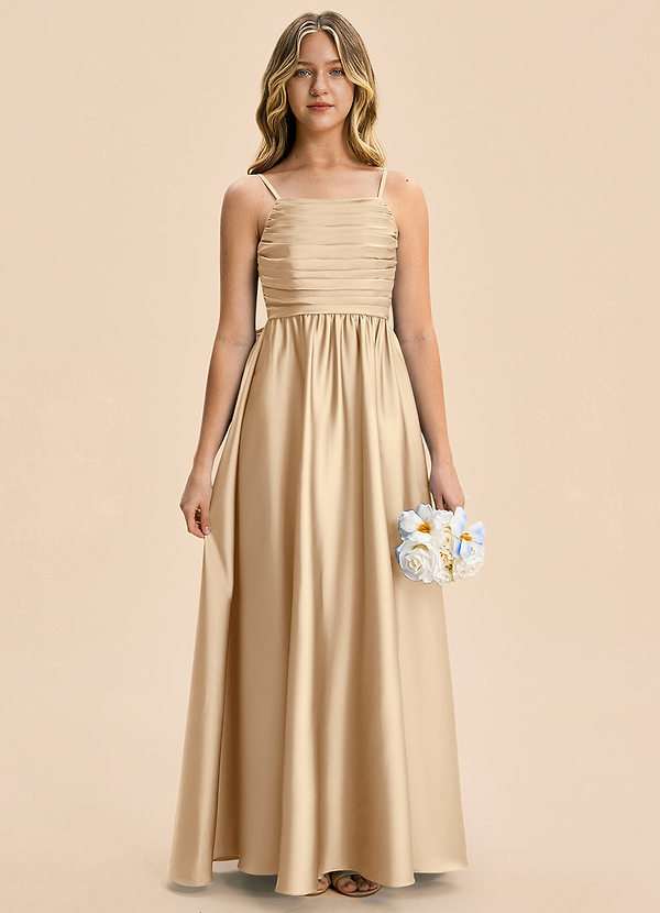 Azazie Kai Junior A-Linie Plissee Stretch-Satin Kleid Champagner image1