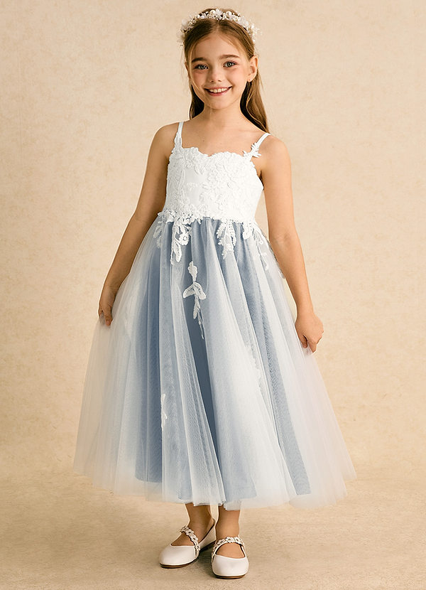 Azazie Coraline Robes de Fillette d'Honneur Robe Trapèze en Dentelle Ivoire Bleu Poudré image1
