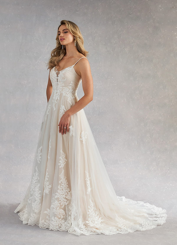 Azazie Avarie Wedding Dresses A-Line Sequins Tulle Chapel Train Dress image1