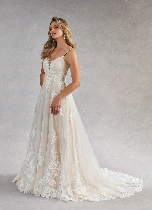 Azazie Avarie Wedding Dresses Diamond White Champagne A-Line Sequins Tulle Dress image1
