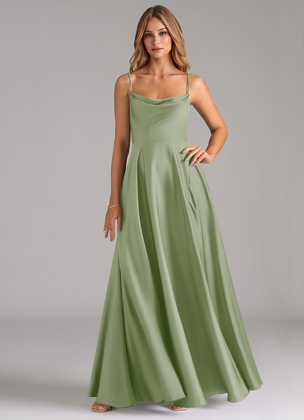 Azazie Elle Bridesmaid Dresses Dusty Sage A-Line Pleated Stretch Satin Dress image1