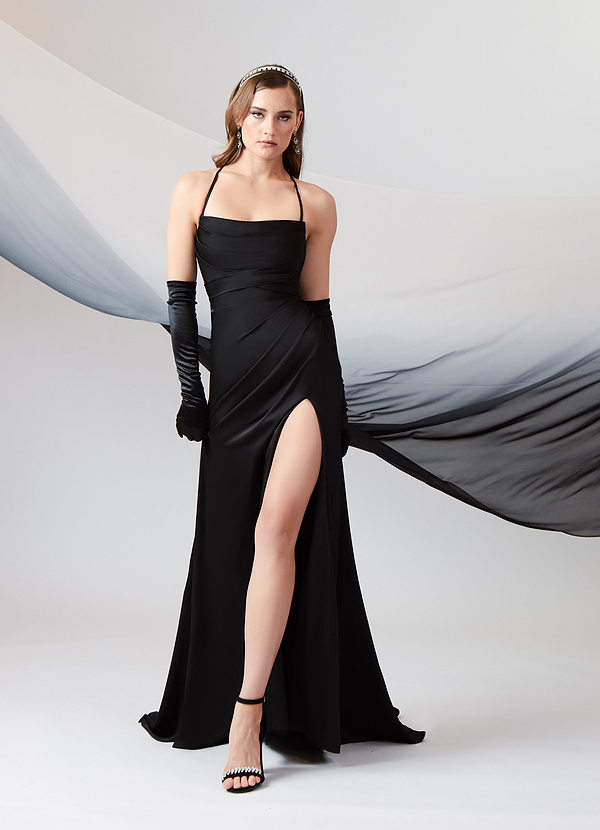 Azazie Kierra Wedding Dresses Black Mermaid Pleated Stretch Satin Dress image1