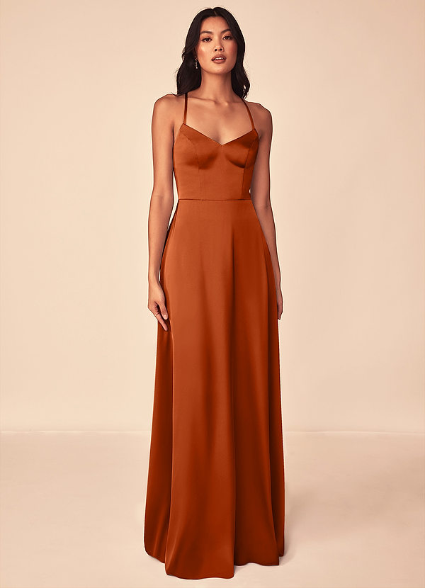 Azazie Mei Brautjungfernkleider A-Linie V-Hals Stretch-Satin Kleid Gebranntes Orange image1