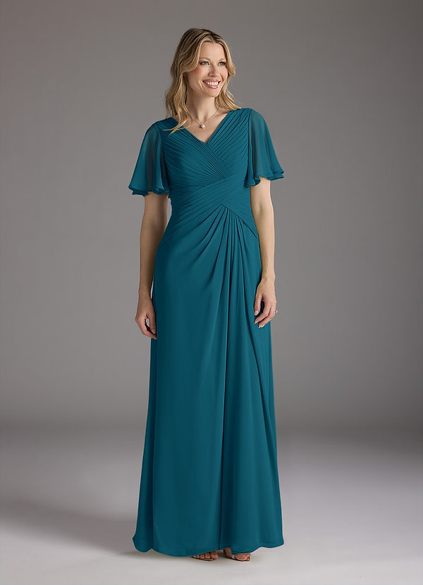 Azazie Morning Glory Mother of the Brides Dresses Ink Blue A-Line V-Neck Ruched Chiffon Dress image1