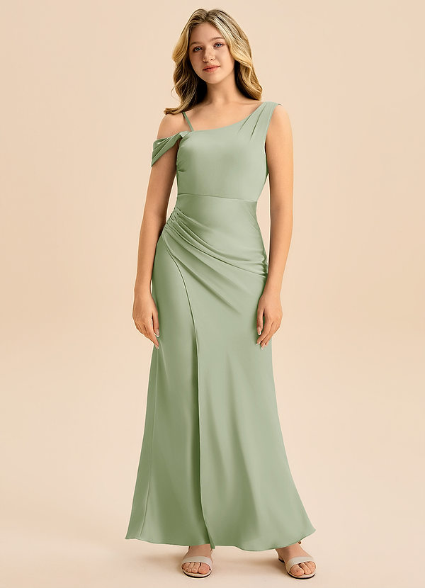 Azazie Madelyn Junior Dusty Sage Sheath Off the Shoulder Stretch Satin Dress image1