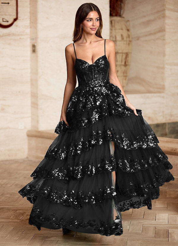 Tindra Black Sequins Ruffles Prom Dress image1