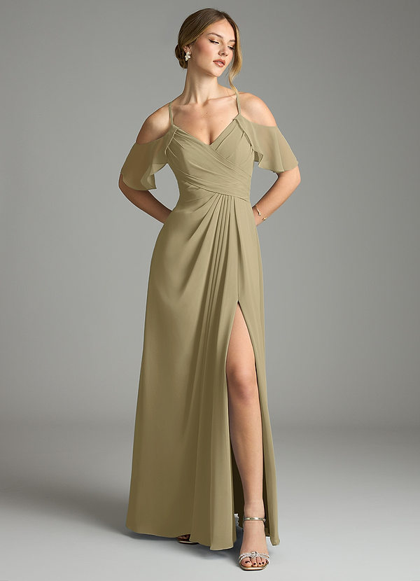 Azazie Dakota Bridesmaid Dresses Moss Green A-Line V-Neck Pleated Chiffon Dress image1
