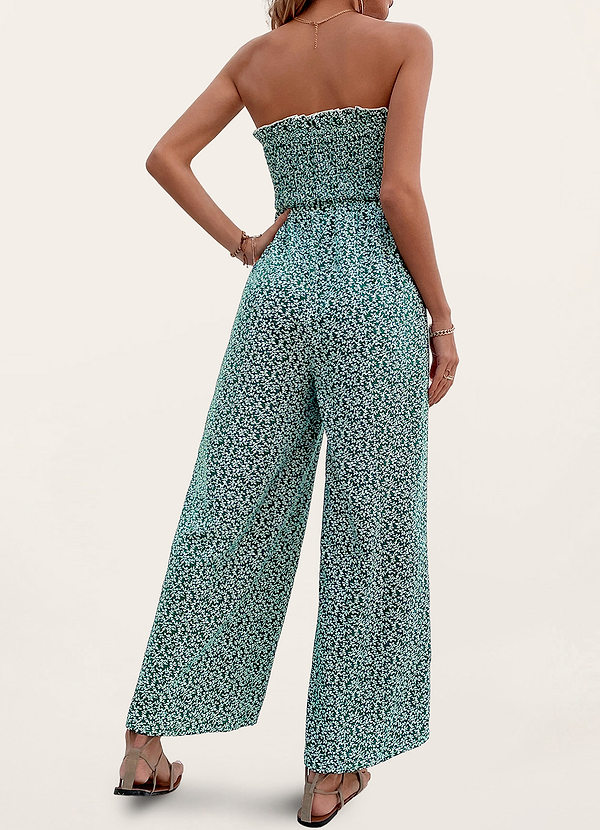 back Lincoln Village Army Green Floral Print Strapless Wide Leg Jumpsuit