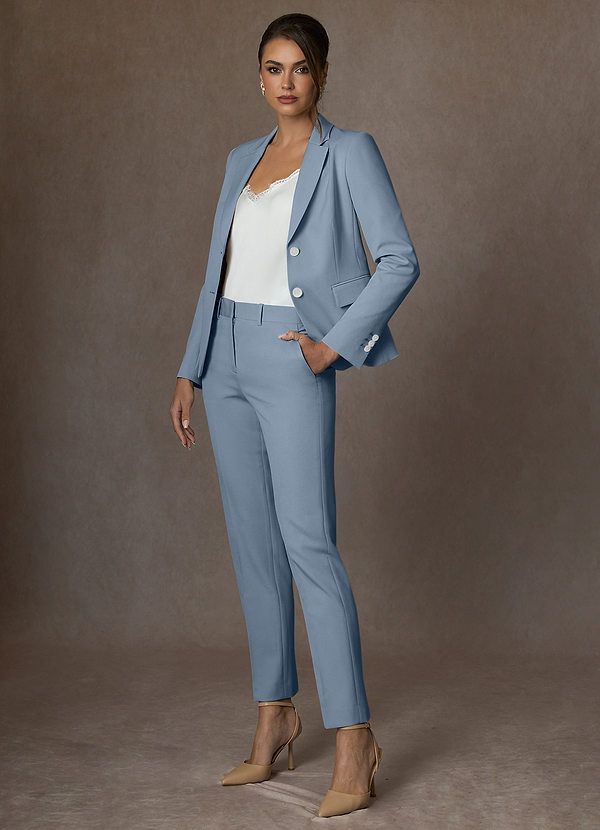 front Whitney Dusty Blue Structured Stretch Full Length Pants Suit