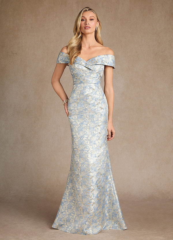 Azazie Canton Moeder van de Bruid Jurken Zeemeermin Jurk van Jacquard Off the Shoulder Stoffig Blauw image1