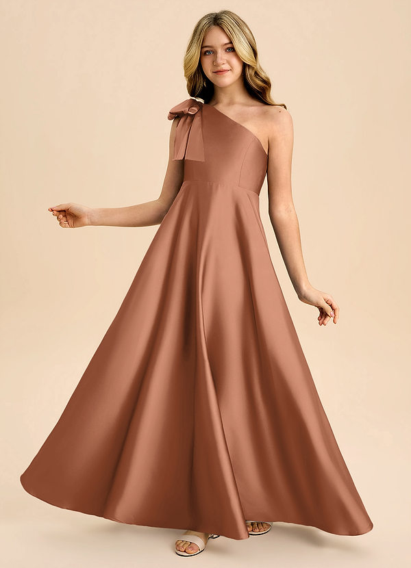 Azazie Penguin Junior Abito A-Line in Raso Elasticizzato Fiocco Bronzo image1