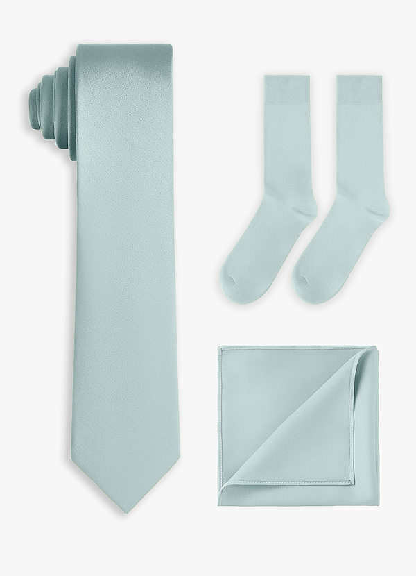 front Set coordinato di cravatta sottile in raso elasticizzato, fazzoletto da taschino e calzini