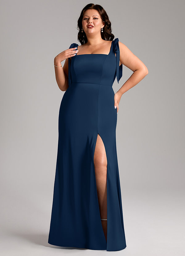 Azazie Frostine Bridesmaid Dresses Dark Navy A-Line Bow Stretch Satin Dress image1