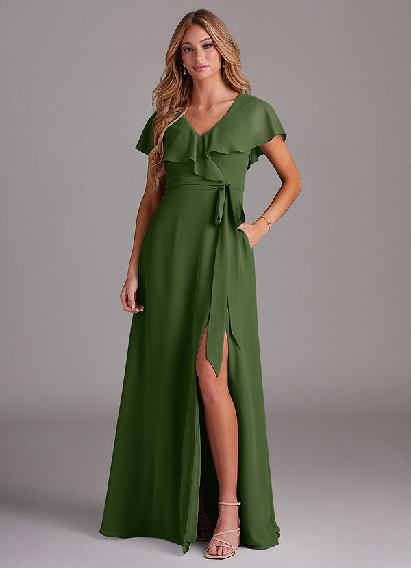 Azazie Lainey Bridesmaid Dresses Olive A-Line with Pockets Chiffon Dress image1
