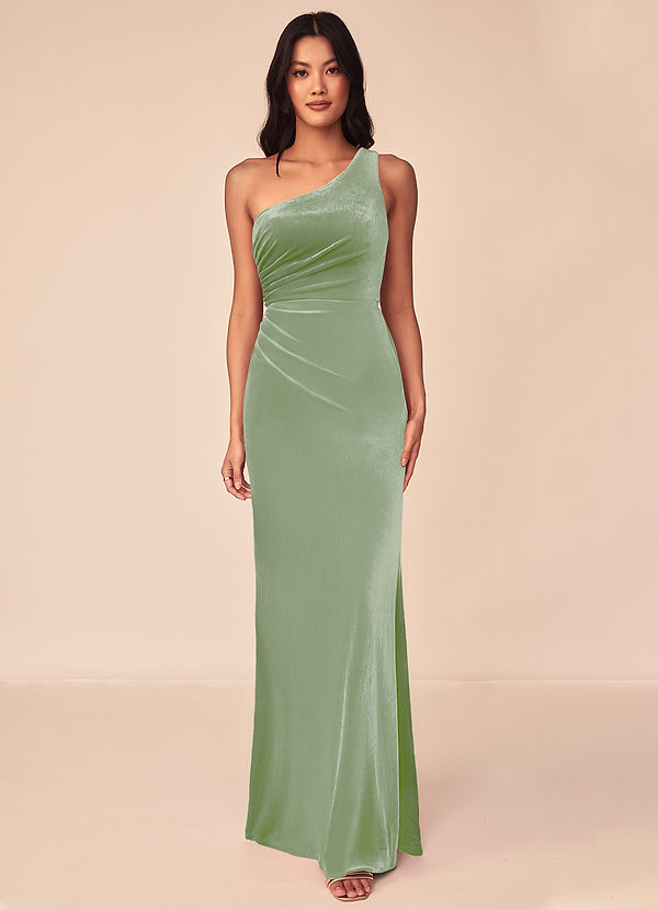 Azazie Argan Bridesmaid Dresses Dusty Sage A-Line One Shoulder Pleated Velvet Dress image1
