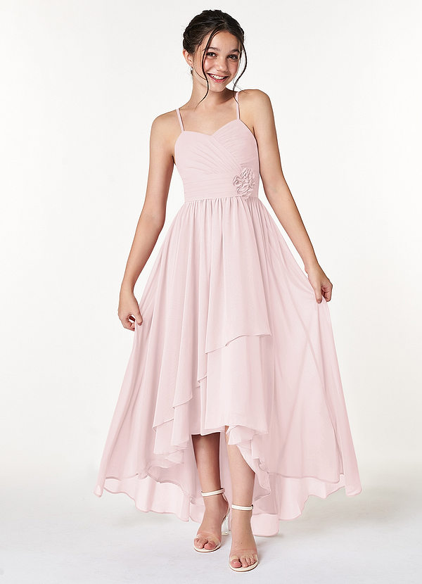 Azazie Catalina Junior Blushing Pink A-Line Ruched Chiffon Dress image1