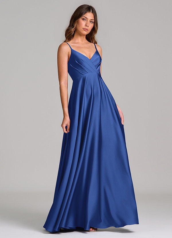 Azazie Amani 신부 들러리 드레스 A라인 주름진 스트레치 새틴 바닥 길이 드레스 image1