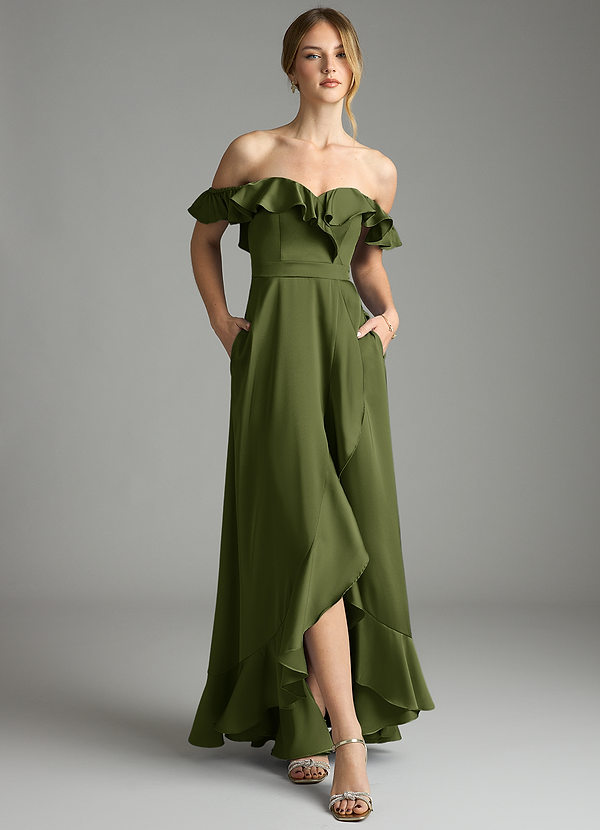 Azazie Lyra Bridesmaid Dresses Olive A-Line Off the Shoulder Stretch Satin Convertible Dress image1