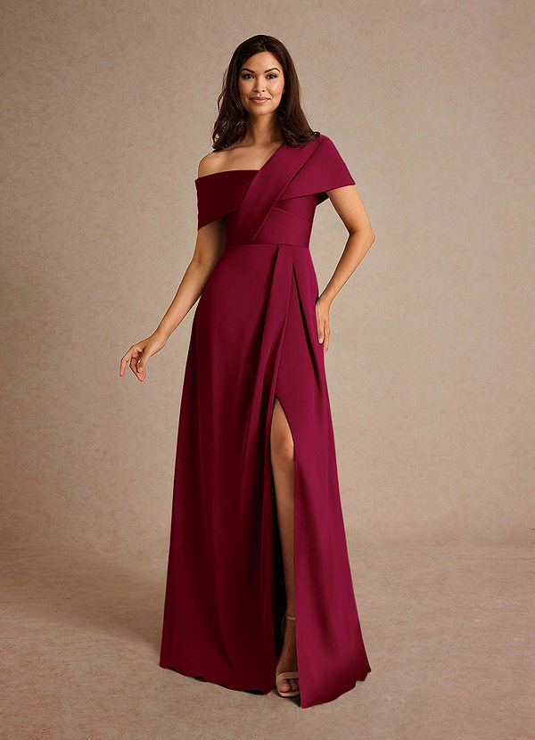 Azazie Milton Mother of the Brides Dresses Burgundy A-Line Pleated Stretch Satin Dress image1
