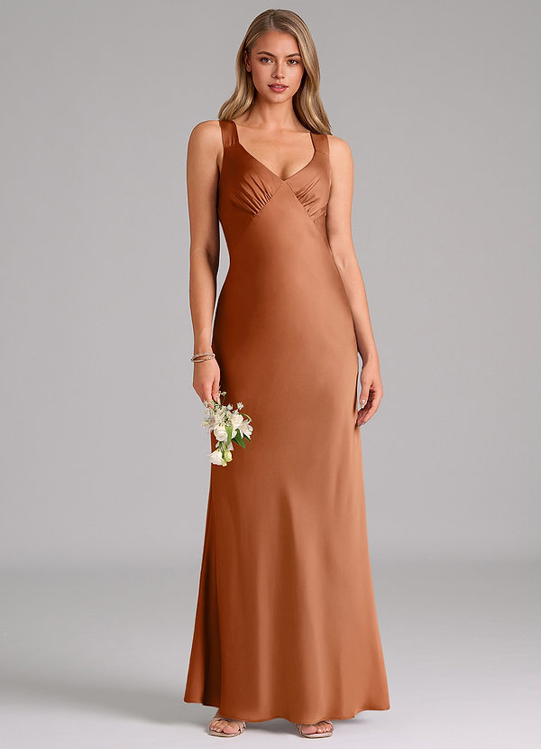Azazie Kamila Bridesmaid Dresses Copper A-Line Pleated Stretch Satin Dress image1