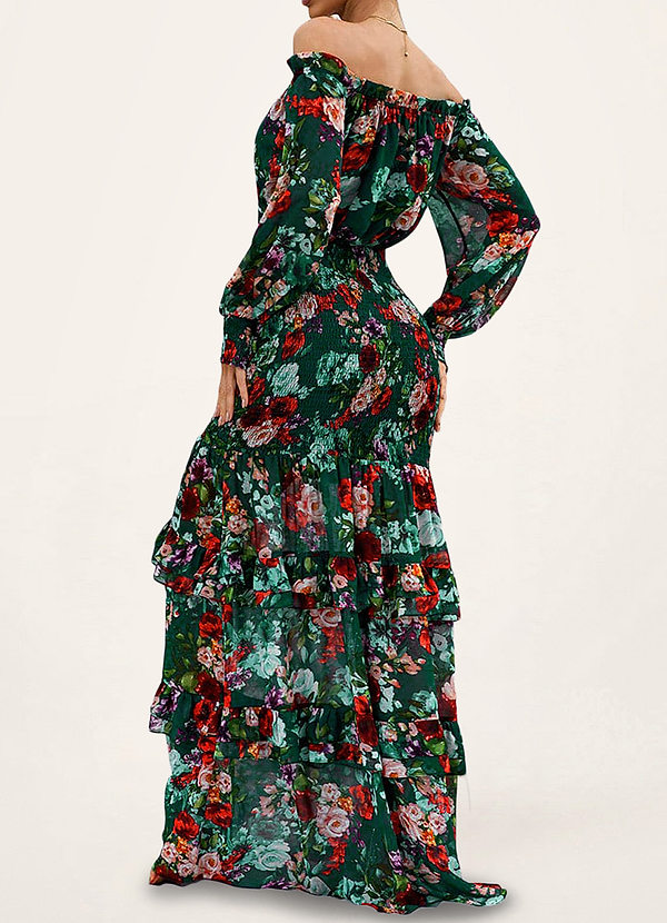back Odenville Esmeralda Oscura Vestido largo con hombros descubiertos y estampado floral