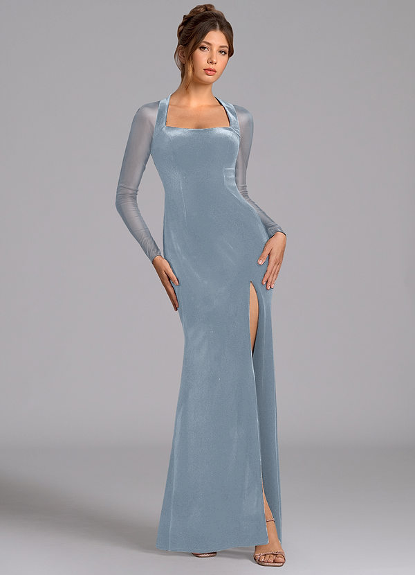 Azazie Megan Bridesmaid Dresses Dusty Blue Mermaid Long Sleeve Mesh Dress image1