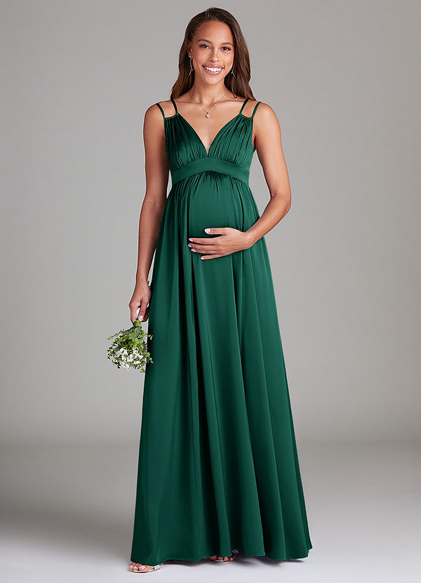 Azazie Emree Maternity Bridesmaid Dresses A-Line Stretch Satin Floor-Length Dress with Pockets image1