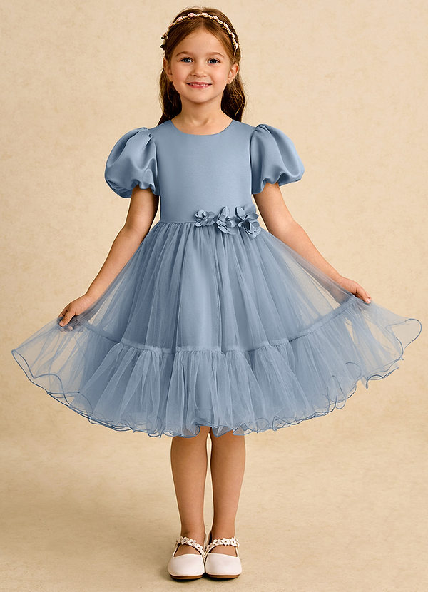Azazie Cocoa Abiti da Ragazza di Fiori Abito Principessa in Tulle Plissettato Blu Polveroso image1