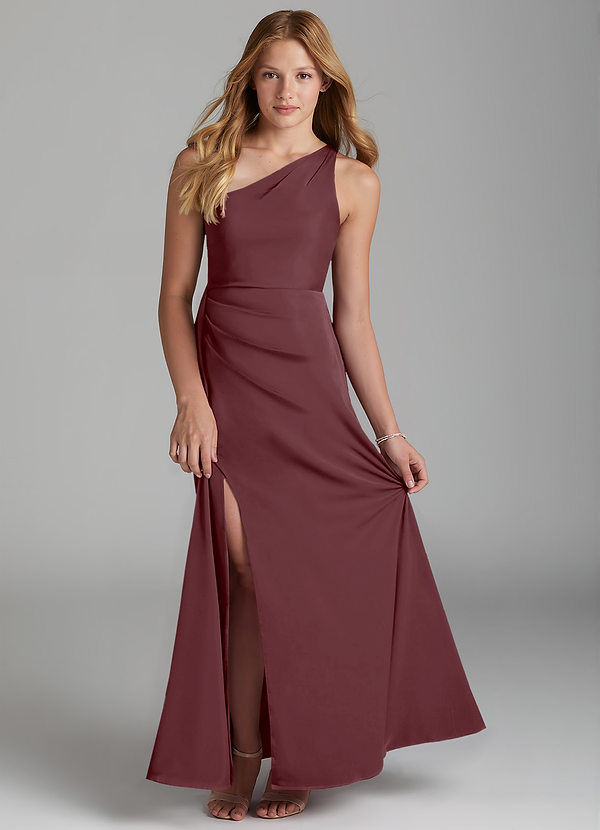 Azazie Maron Junior Sangria A-Line Pleated Stretch Satin Dress image1