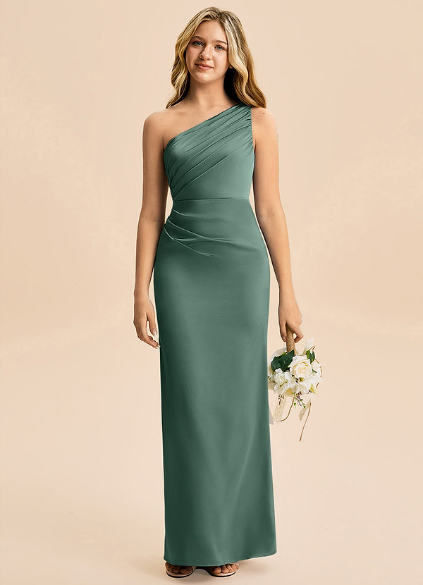 Azazie Akilah Junior Eucalyptus Sheath Pleated Stretch Satin Dress image1