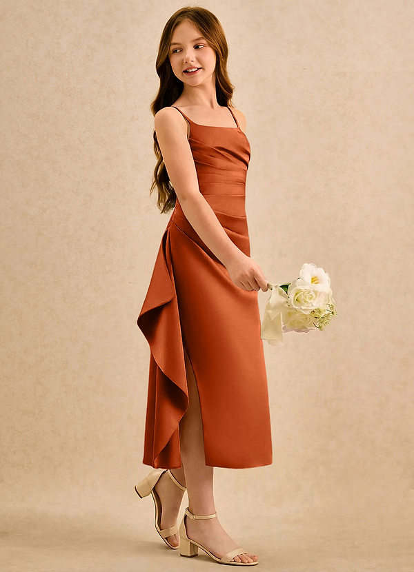 Azazie Canna Girls Formal Sukienki dla dziewczynek sypiących kwiaty Linia A Pofałdowany Satyna elastyczna Długość herbaty Sukienka image1