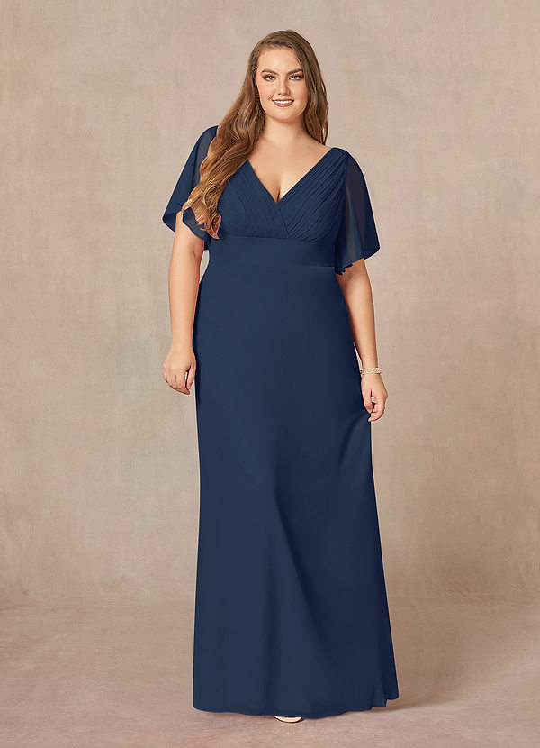 Azazie Alessa Robe Mère de la Mariée & du Marié Robe Trapèze en Mousseline de soie Col V plissé Bleu Marine Foncé image1