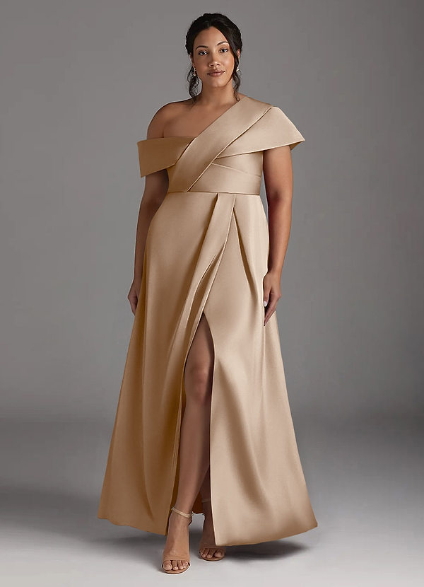 Azazie Milton Brautmutterkleider A-Linie Plissee Stretch-Satin Kleid Taupe image1