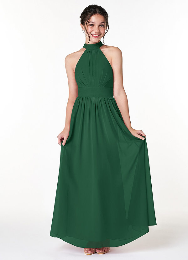 Azazie Iman Junior Dark Green A-Line Pleated Chiffon Dress image1