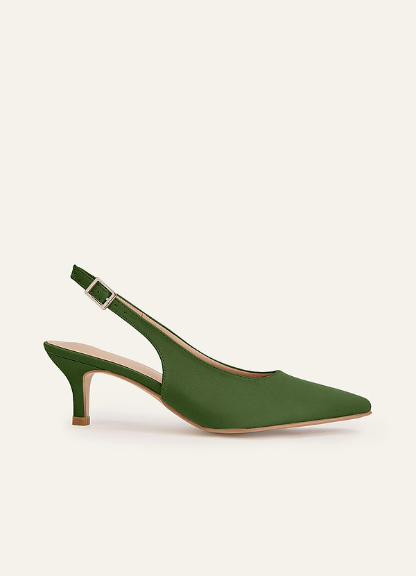front Matching Color Matte Satin Pointed Toe Slingback Kitten Heel