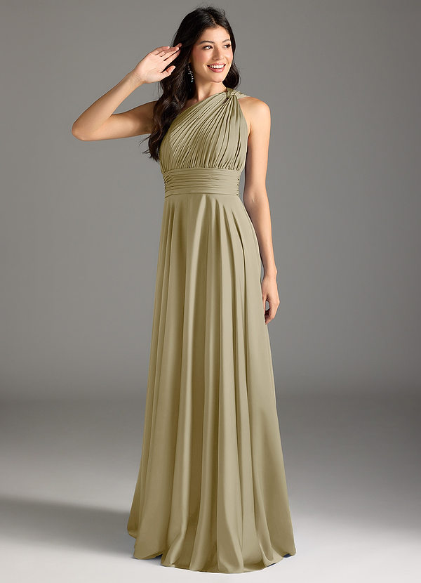 Azazie Charlize Bridesmaid Dresses Moss Green A-Line One Shoulder Stretch Satin Dress image1