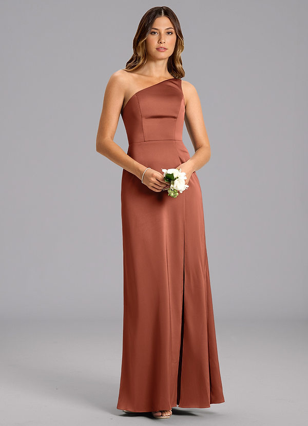 Azazie Feby Brudtärneklänningar Klä av A-Linje i Stretch Satin Ena axeln Lera image1