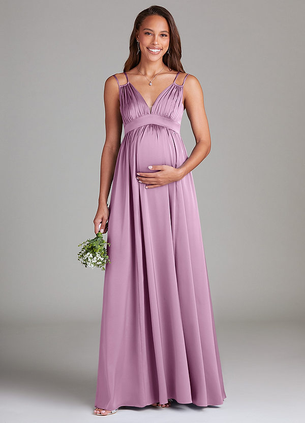 Azazie Emree Vestidos de dama de honor de maternidad Vestido de Corte En A Con bolsillos Hasta el suelo Satén Elástico image1