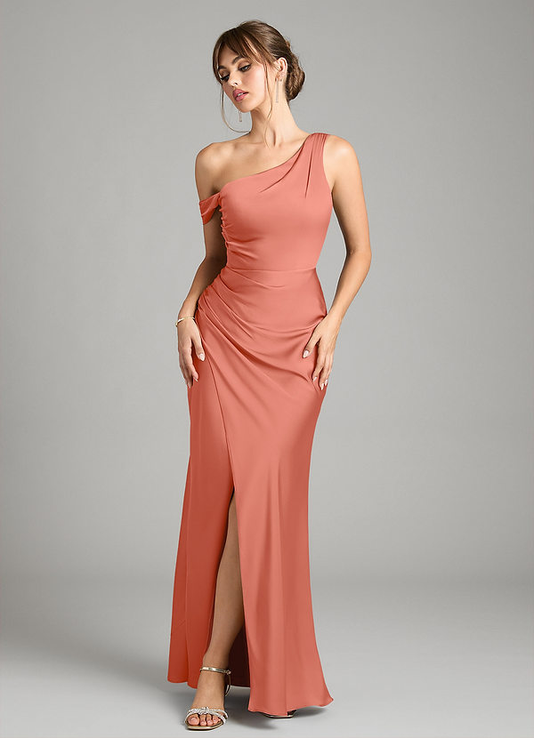 Azazie Madelyn Bridesmaid Dresses Salmon Pink Mermaid One Shoulder Stretch Satin Convertible Dress image1