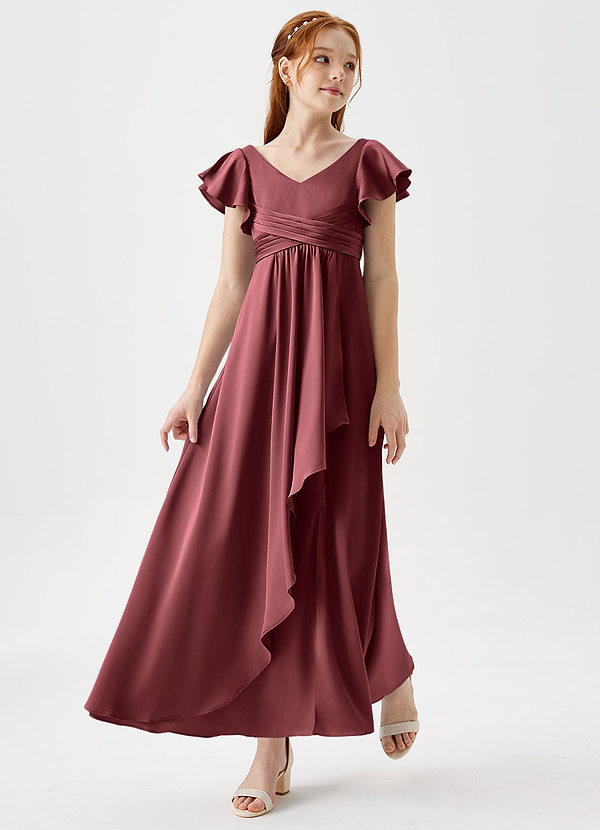 Azazie Omari Junior Merlot A-Line Pleated Stretch Satin Dress image1