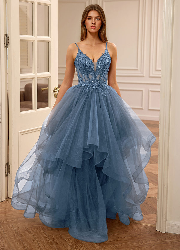 Esmeralda Azul Vestido de fiesta de tul con bordado de lentejuelas y pedrería en forma de A image1